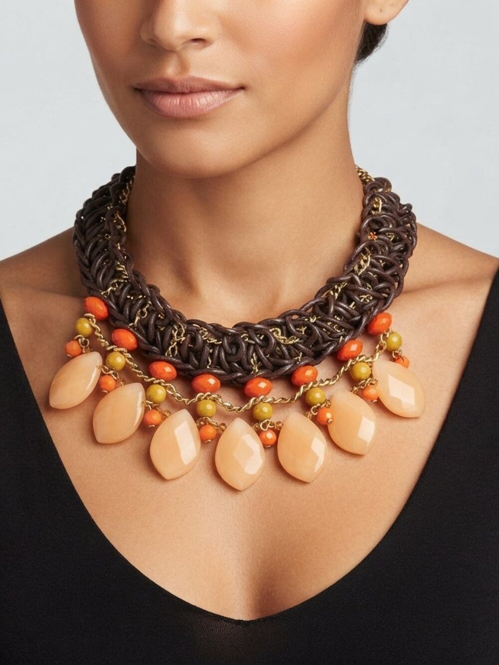 Chico's Crochet leather with genuine stone necklace